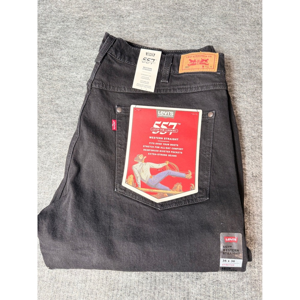 Levis 557 Western Straight Jeans Mens 36x36 Black Stretch Denim Cowboy Cut Pants